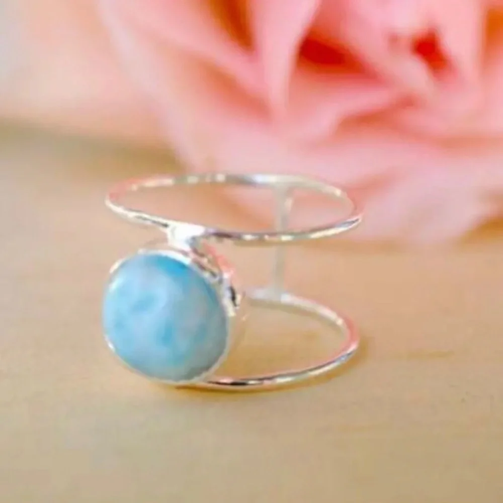 Bohemian Blue Stone Silver Fashion Ring, Size 9